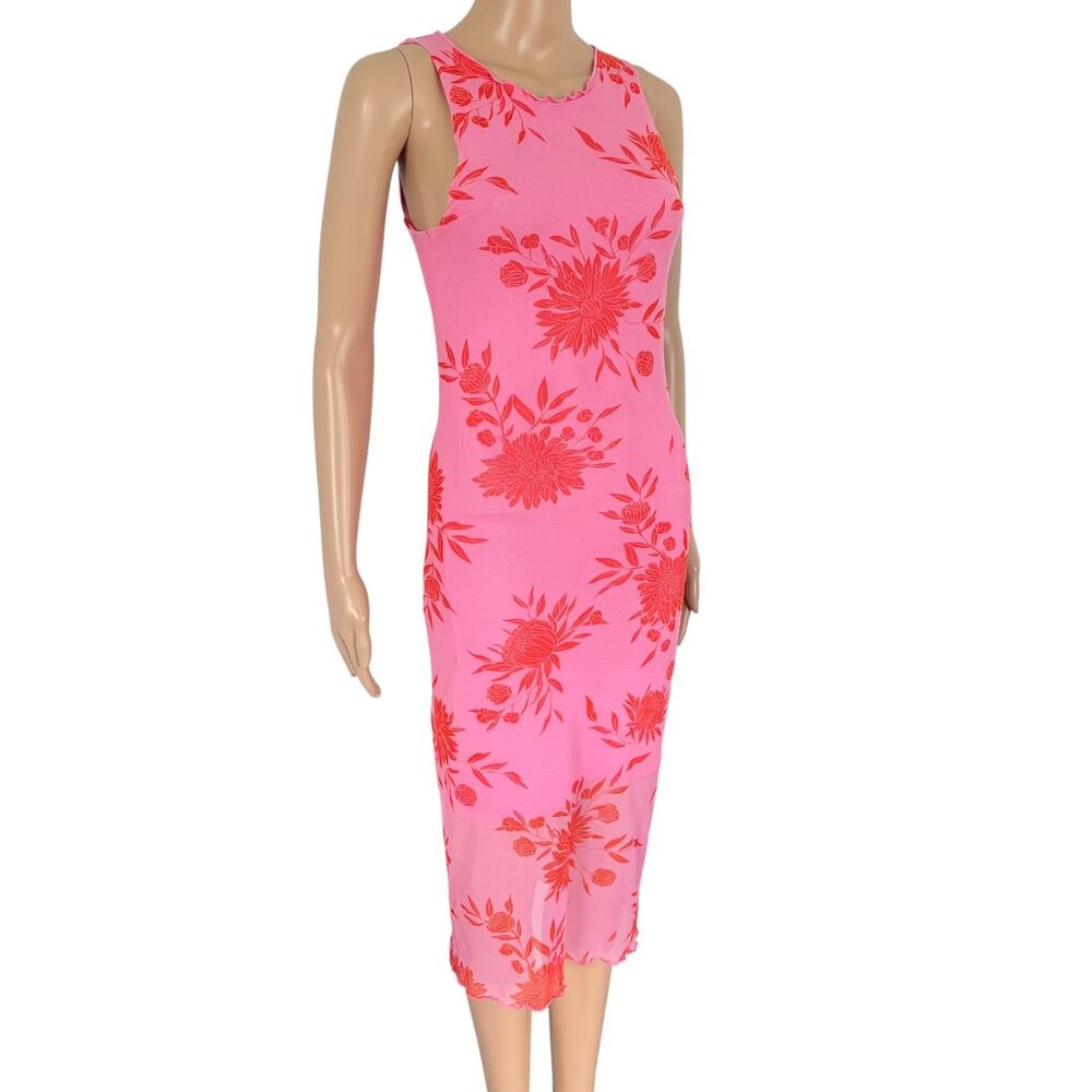 Y2K Style Floral Mesh Midi Dress Bodycon M Pink Boho Barbiecore Dopamine Stretch - Picture 3 of 7